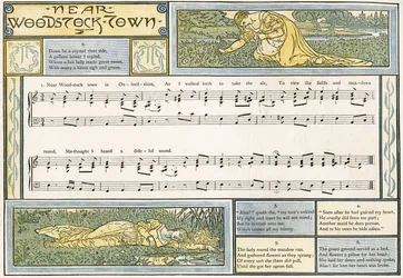 &39;Near Woodstock Town&39;, ilustração da música de &39;Pan-Pipes&39;, Um livro de canções antigas, recém arranjado e com acompanhamentos de Theo. Marzials, publicado em Londres por George Routledge und Sons, 1884 (cor l
